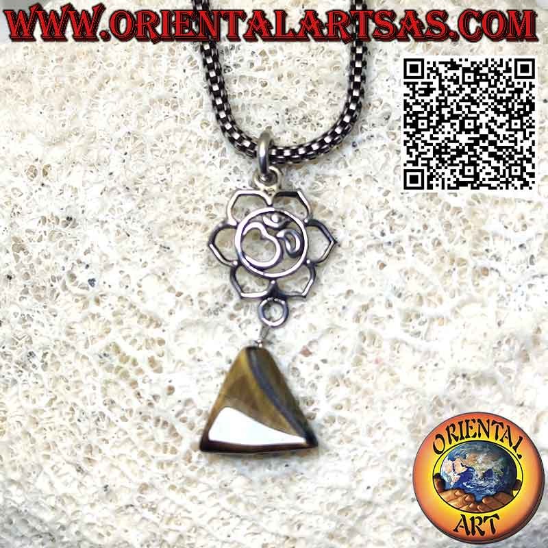 Silver pendant with ॐ om in lotus flower and triangle tiger eye