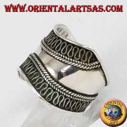 Silver wide band ring, Bali with contoured edges