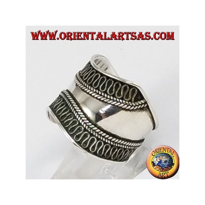 Silver wide band ring, Bali with contoured edges