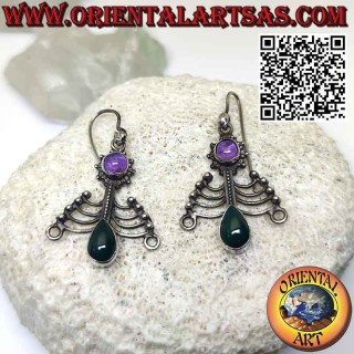 Orecchini in argento chakra con ametista tonda e agata verde a goccia