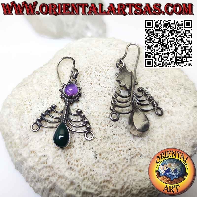 Boucles d'oreilles Chakra en argent avec améthyste ronde et agate verte goutte
