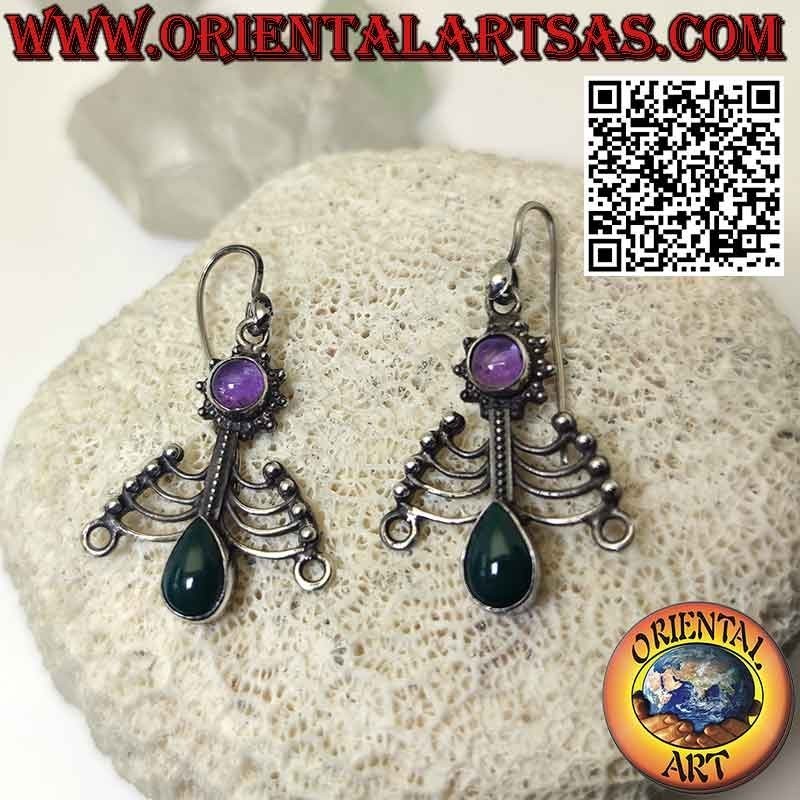 Boucles d'oreilles Chakra en argent avec améthyste ronde et agate verte goutte