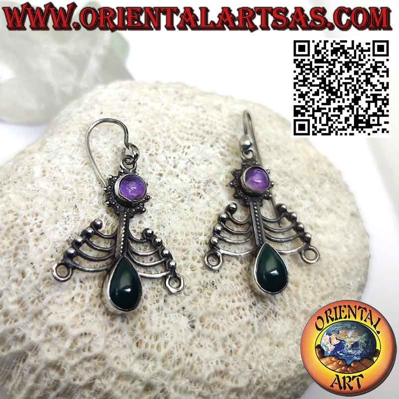 Chakra silver earrings with round amethyst and drop green agate