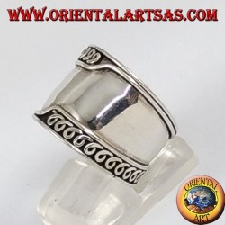 Silver wide band ring, Bali with asymmetric machined edges