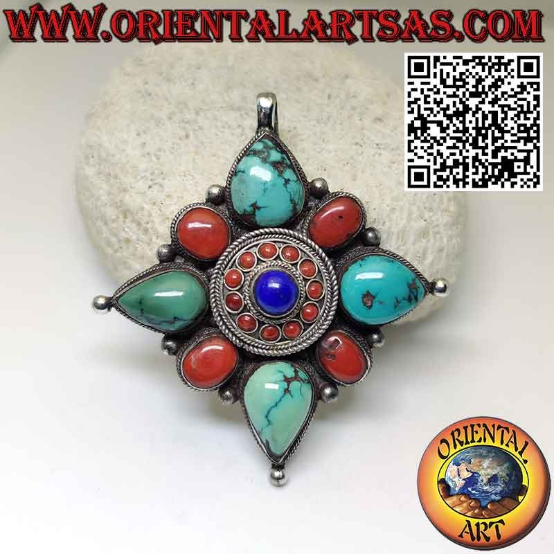 Pendentif en argent "Gao Kalachakra" avec turquoise et corail et lapis