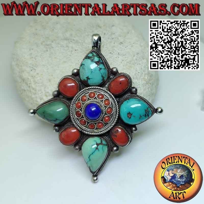Ciondolo in argento "Gao Kalachakra" con turchese e corallo e lapis