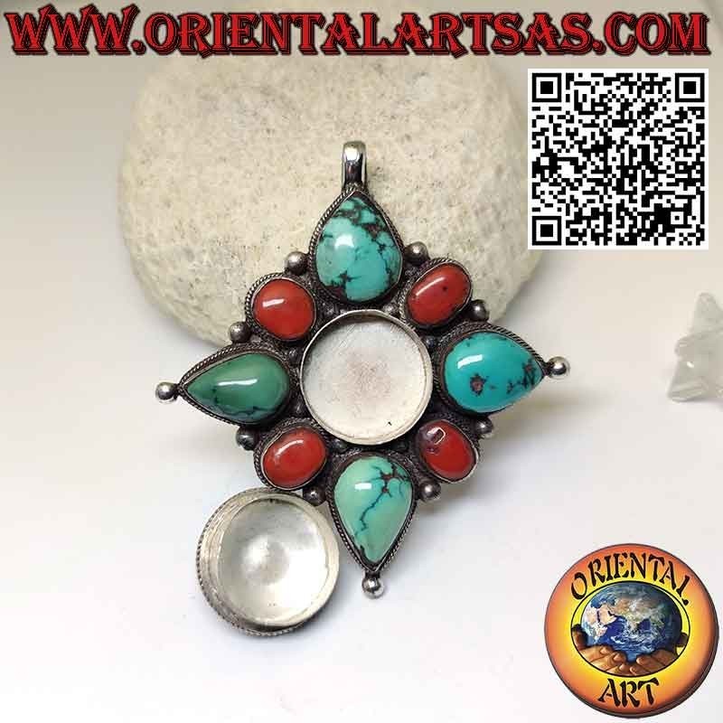 Colgante de plata Gao Kalachakra con turquesa tibetana antigua ovalada