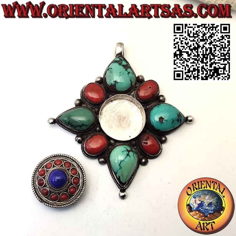 Colgante de plata Gao Kalachakra con turquesa tibetana antigua ovalada