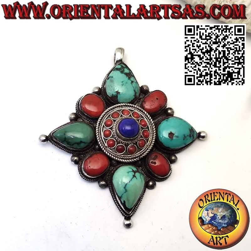 Ciondolo in argento "Gao Kalachakra" con turchese e corallo e lapis