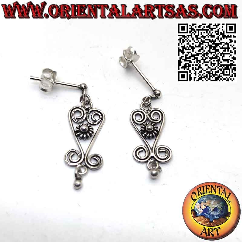 Pendientes de plata, colgante de lóbulo de flor pequeña con espirales