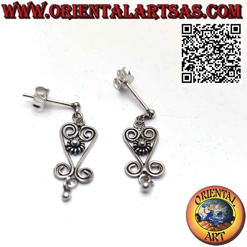 Pendientes de plata, colgante de lóbulo de flor pequeña con espirales
