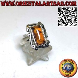 Silver ring with rectangular Baltic amber and baroque frame edge