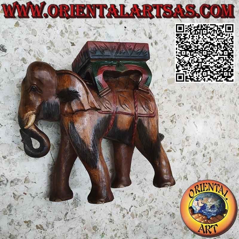 Sculpture éléphant avec baldaquin en un seul bloc de bois de 50 cm
