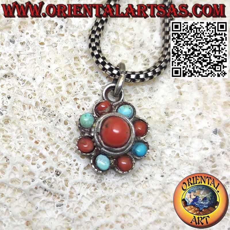 Silver flower pendant with alternating Tibetan turquoise and ancient corals