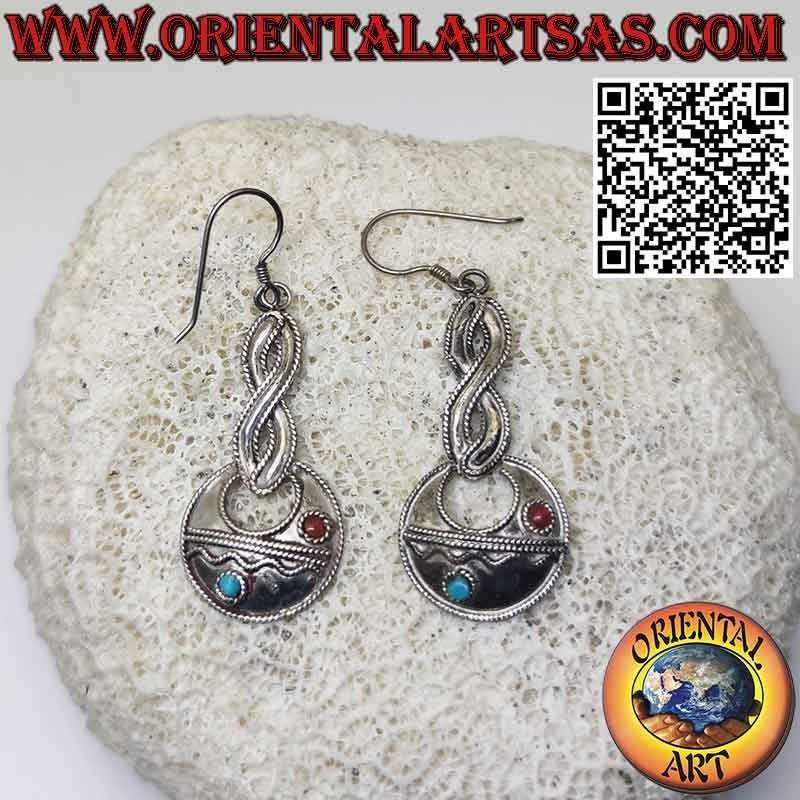 Pendientes de plata, rosetón con turquesas tibetanas y corales y corazón
