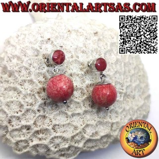 Silver lobe earrings with red coral and a pendant sphere