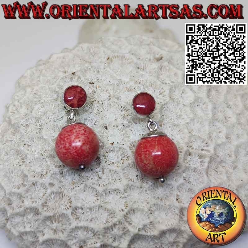 Silver lobe earrings with red coral and a pendant sphere