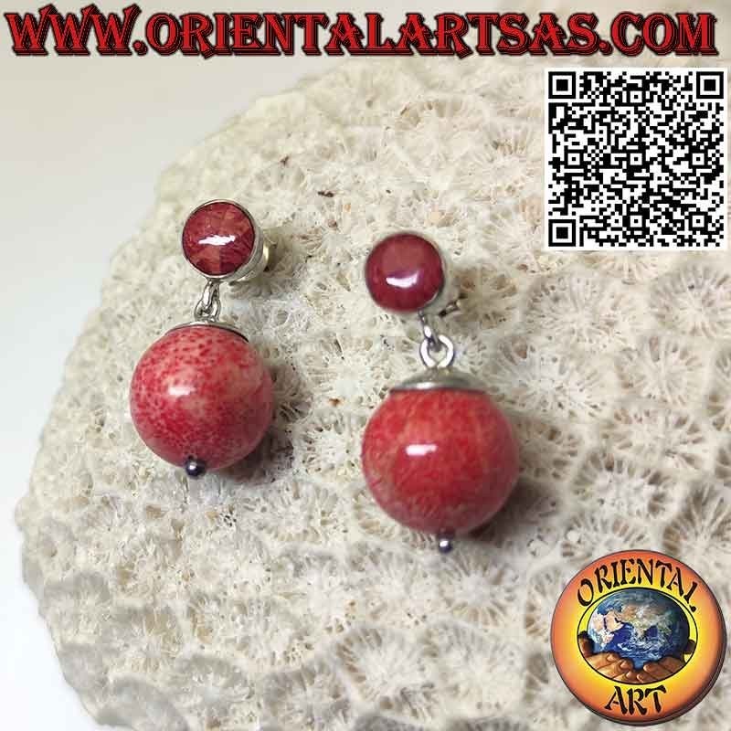 Boucles d'oreilles lobes en argent avec corail rouge et sphère pendante