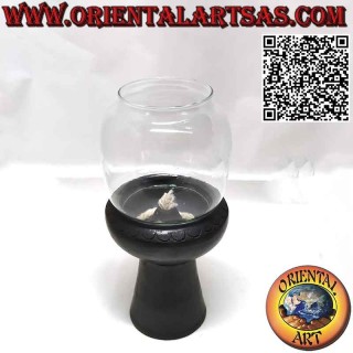 Tall terracotta oil lamp with handmade glass shade