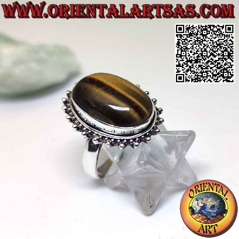 Anello in argento a fiore con occhio di tigre ovale grande a cabochon contornato da puntini