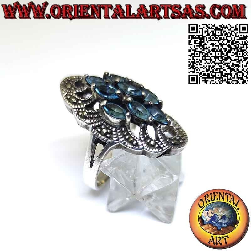 Spool silver ring with 9 shuttle blue topaz and marcasite