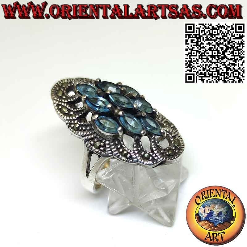 Spool silver ring with 9 shuttle blue topaz and marcasite