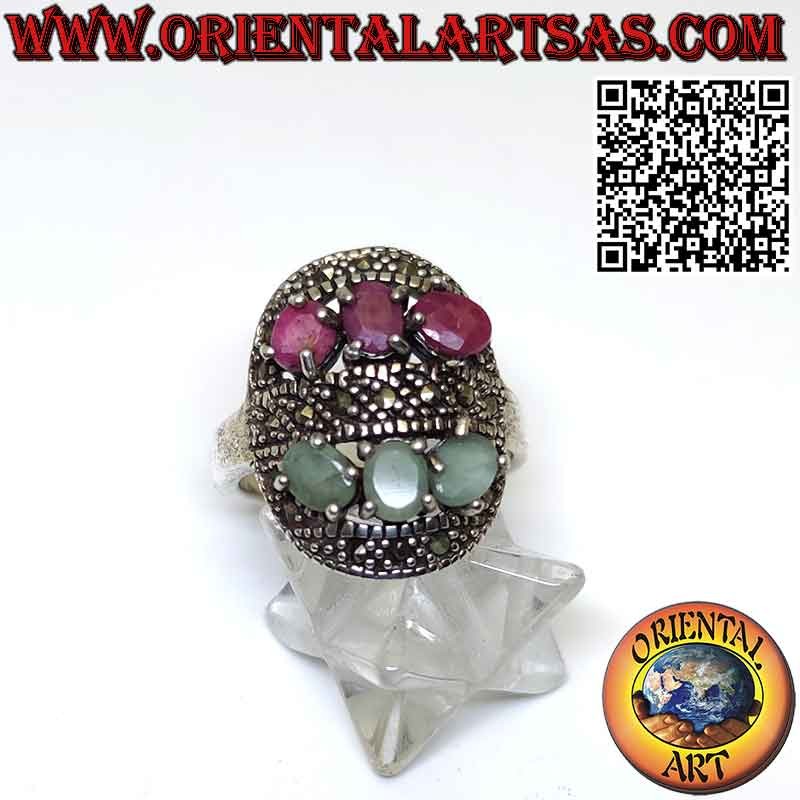 Anello in argento una fila di rubini e una di smeraldi con marcasite
