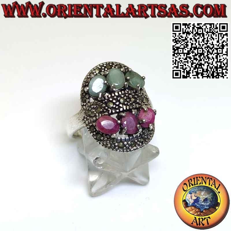 Silver ring one row of rubies and one row of emeralds with marcasite