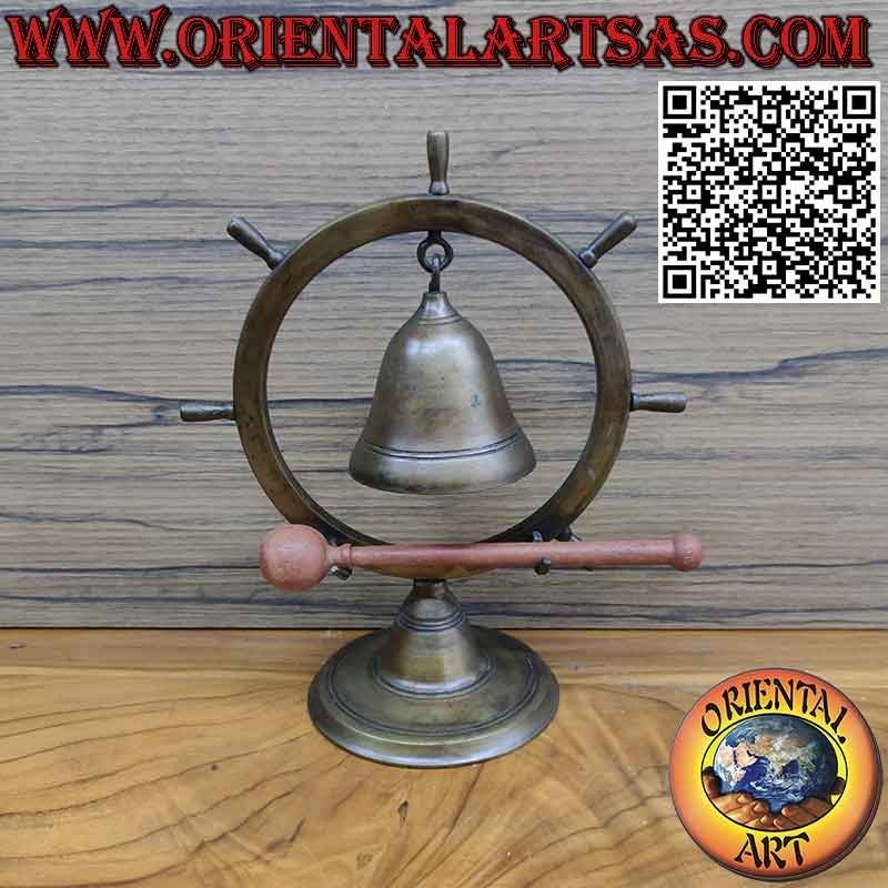 Cloche de gouvernail en laiton bruni avec marteau et support de table