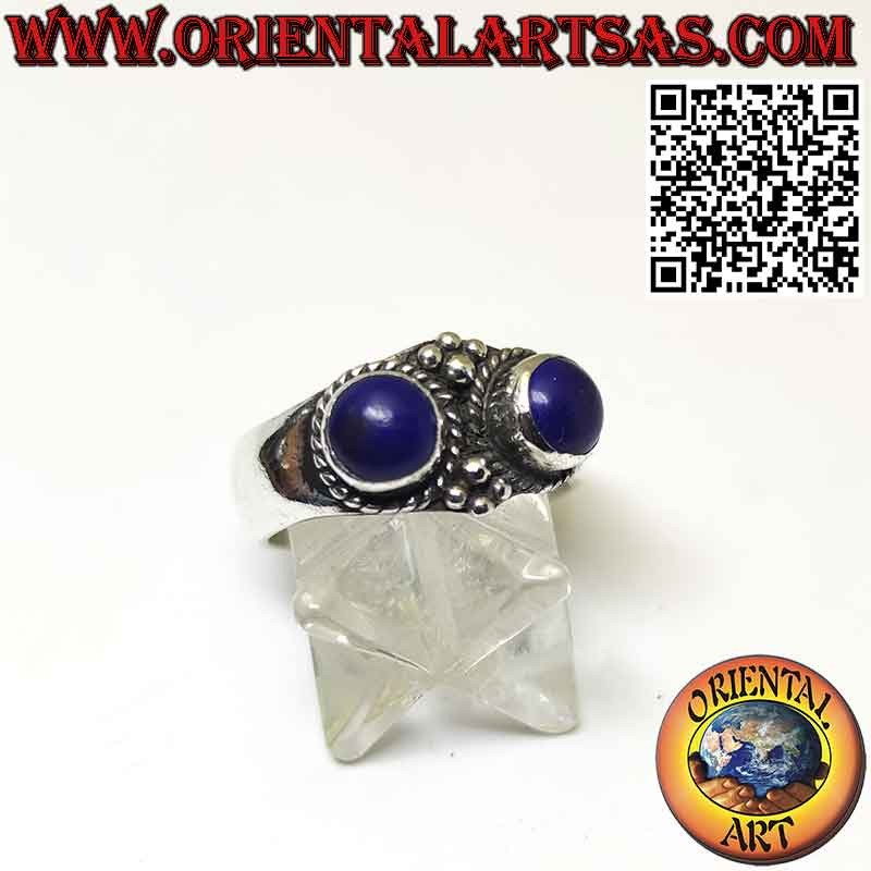 Silver ring with 2 natural Afghan lapis lazuli set in relief