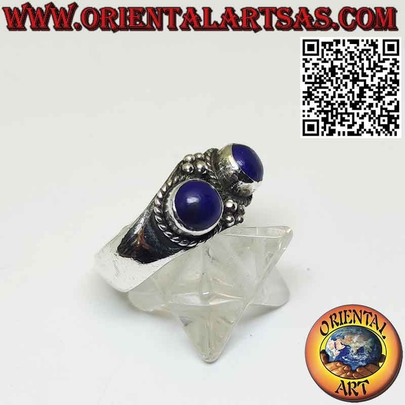 Silver ring with 2 natural Afghan lapis lazuli set in relief