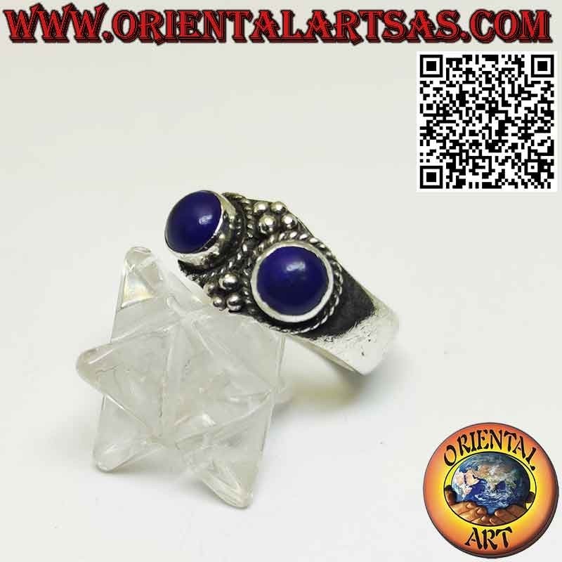 Silver ring with 2 natural Afghan lapis lazuli set in relief