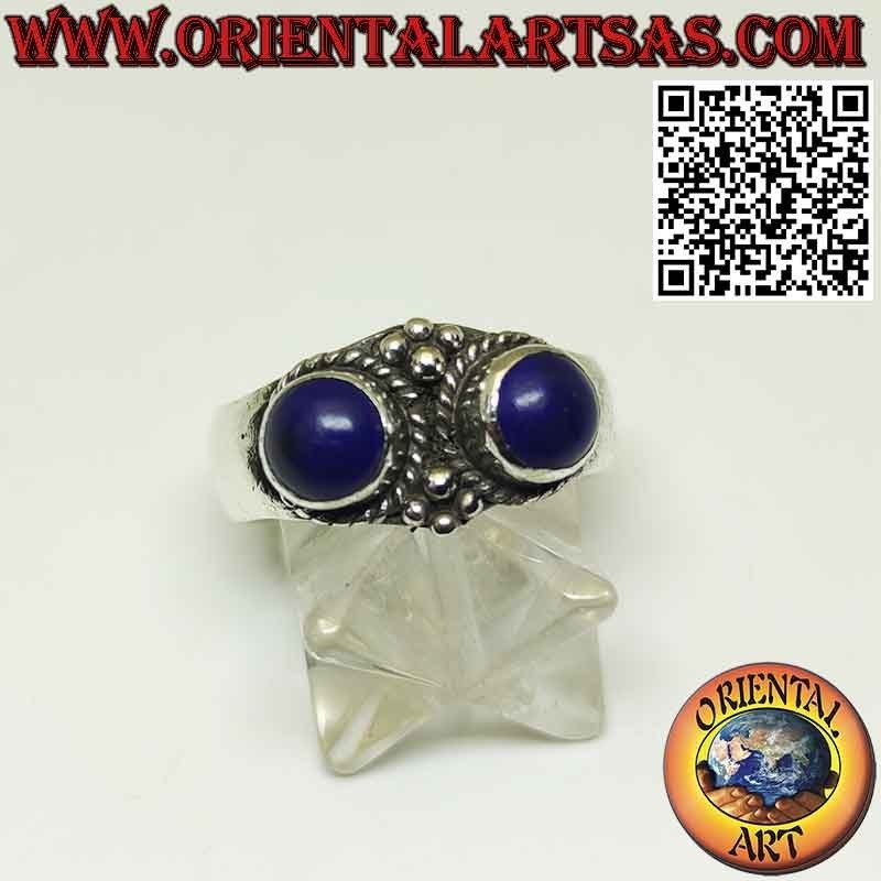 Silver ring with 2 natural Afghan lapis lazuli set in relief