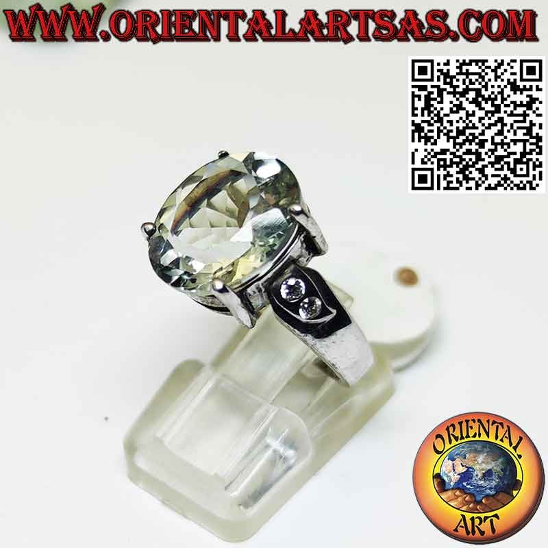 Bague en argent avec améthyste Prasiolite ovale verte naturelle et zircons