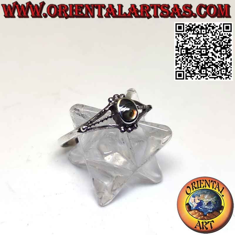 Silver ring with small oval abalone paua shell between tris of spheres