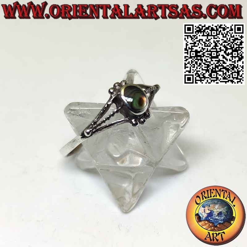 Silver ring with small oval abalone paua shell between tris of spheres
