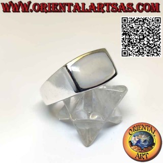 Silver ring with simple smooth transversal rectangular mother-of-pearl