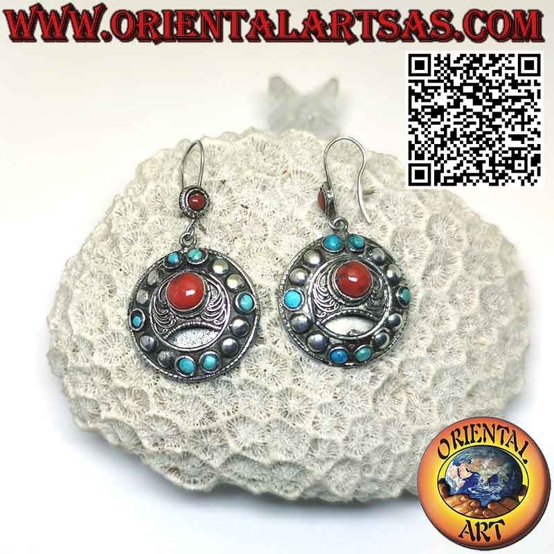 Round silver earrings studs and filigree with coral and turquoise