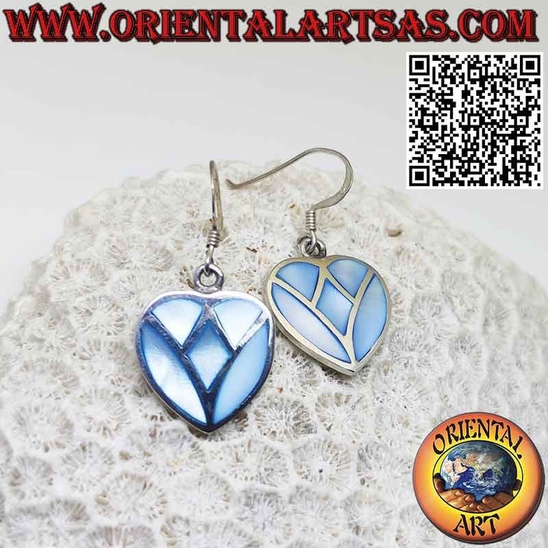 Heart-shaped silver pendant earrings with light blue mother-of-pearl mosaic