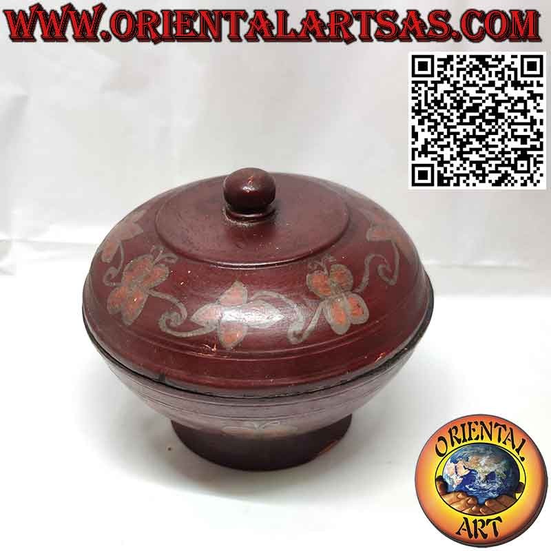 Antiguo recipiente redondo en madera de caoba y diseños florales de los Dayaks