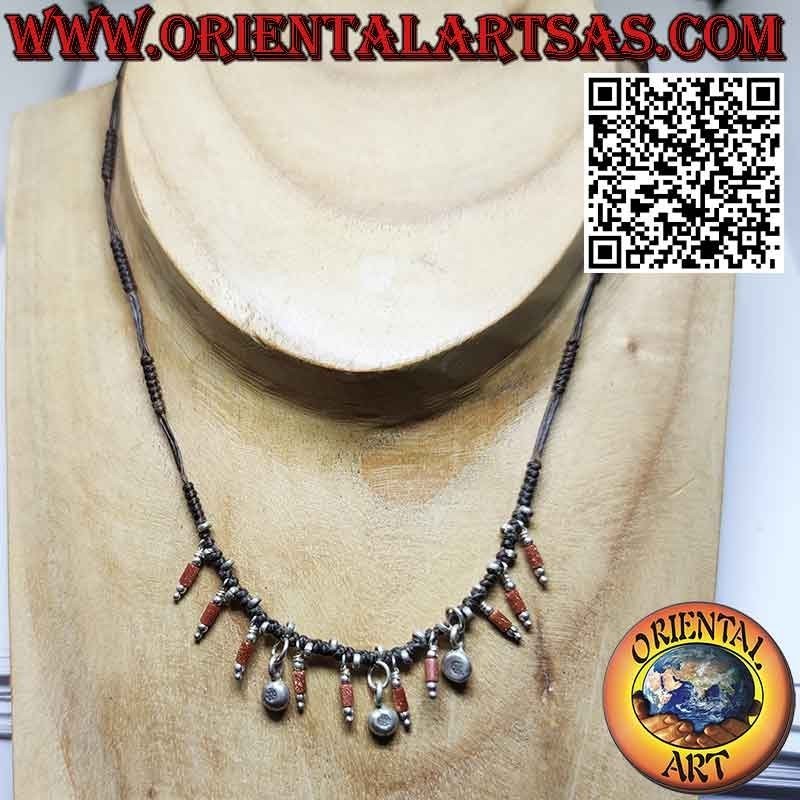Karen necklace in waxed thread with silver jewels and sunstone
