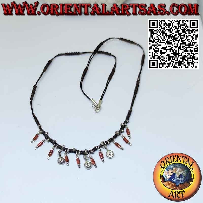 Karen necklace in waxed thread with silver jewels and sunstone