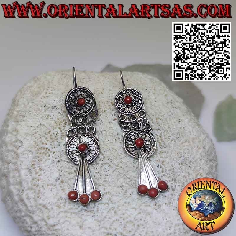 Antique Nepalese silver earrings with filigree and four corals
