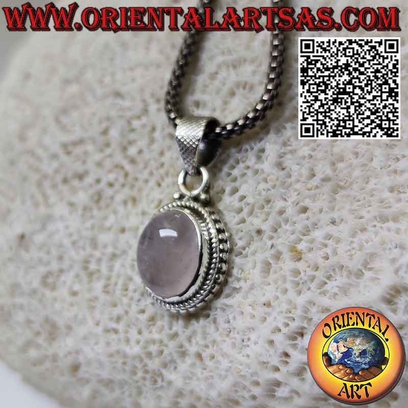 Ciondolo in argento con quarzo rosa ovale bordo da intreccio e sfere