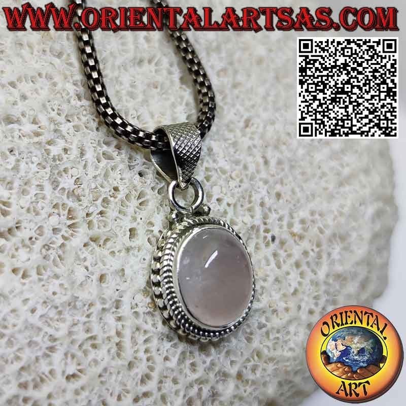 Silver pendant with oval rose quartz intertwining border and spheres