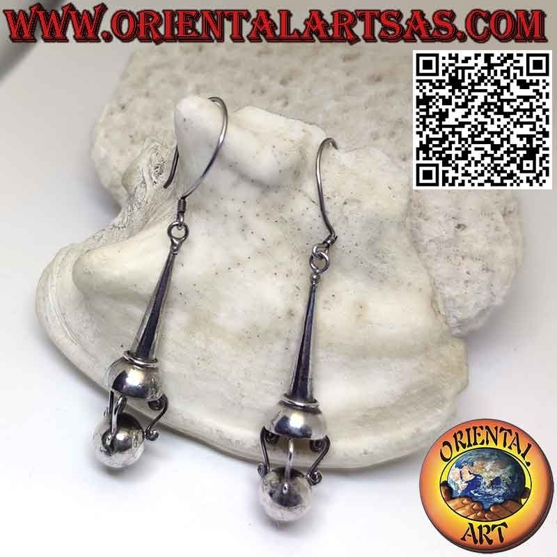 Boucles d'oreilles en argent 925‰ cône ethnique balinais avec sphère