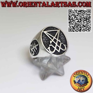 Anello in argento sigillo di Lucifero o Satana e croce del Leviatano sui lati