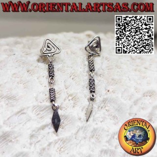 Silver earrings in the shape of a triangular spiral and intertwined pendants