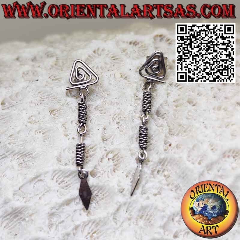 Silver earrings in the shape of a triangular spiral and intertwined pendants
