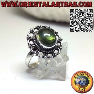 Silver ring with natural oval labradorite and edge of circles